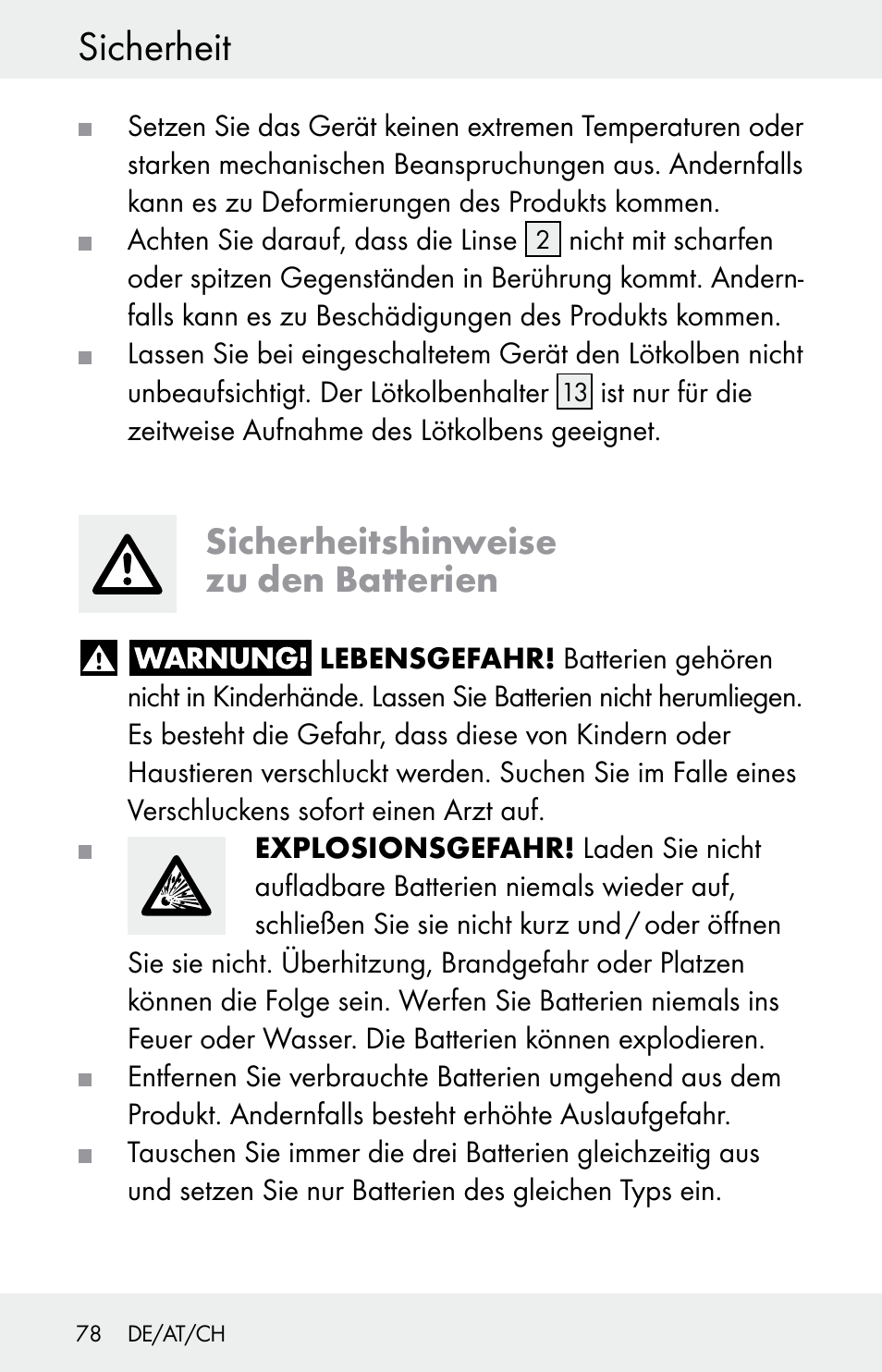 Sicherheit, Sicherheitshinweise zu den batterien | Powerfix Z30225 User Manual | Page 78 / 84