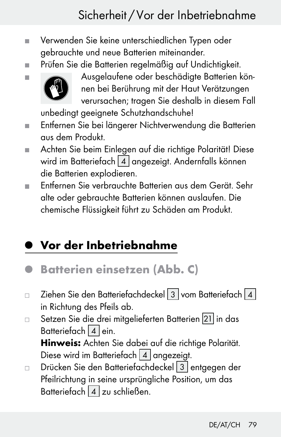 Sicherheit / vor der inbetriebnahme, Vor der inbetriebnahme, Batterien einsetzen (abb. c) | Powerfix Z30225 User Manual | Page 79 / 84