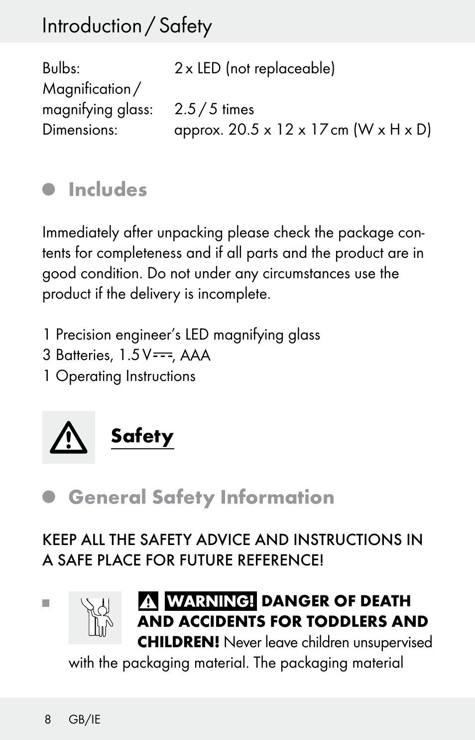 Introduction / safety, Includes, Safety | General safety information | Powerfix Z30225 User Manual | Page 8 / 84