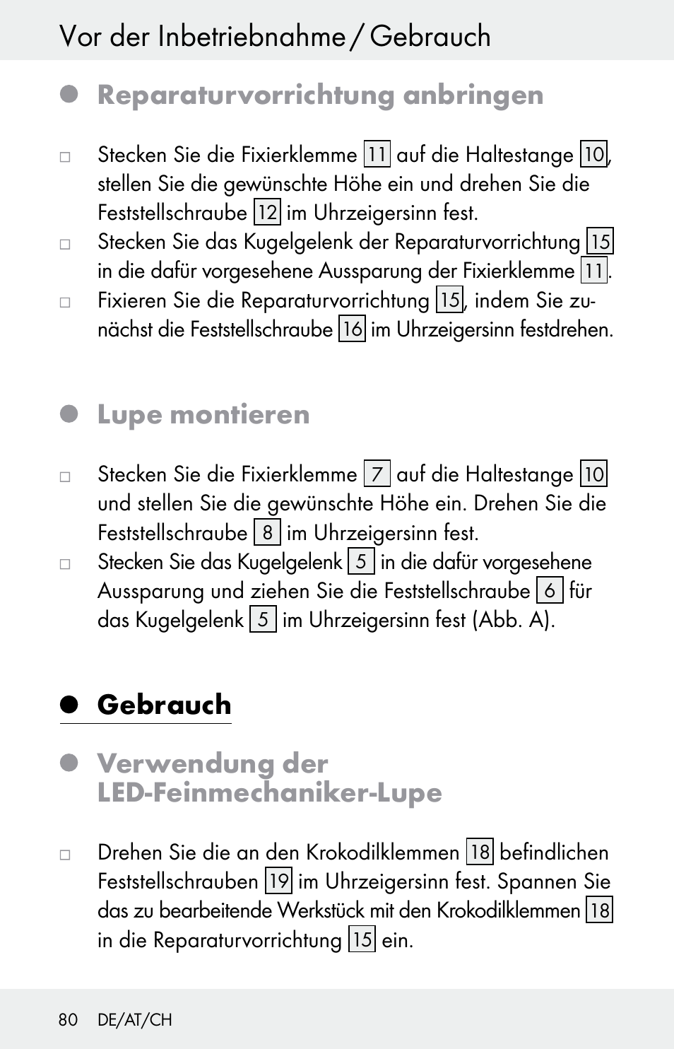 Vor der inbetriebnahme / gebrauch, Reparaturvorrichtung anbringen, Lupe montieren | Gebrauch, Verwendung der led-feinmechaniker-lupe | Powerfix Z30225 User Manual | Page 80 / 84