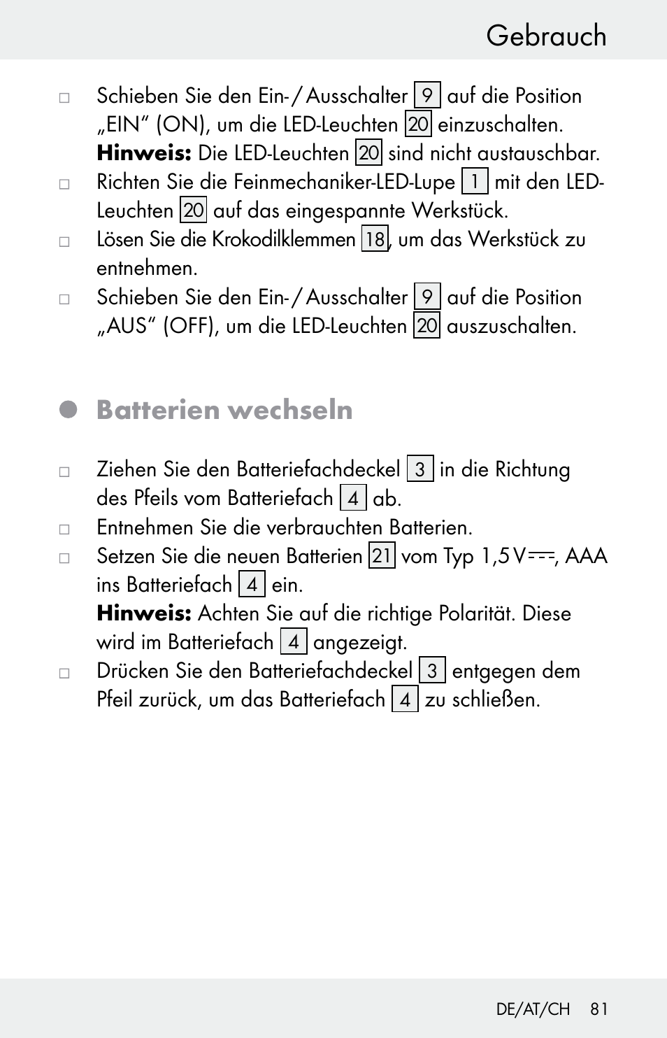 Gebrauch, Batterien wechseln | Powerfix Z30225 User Manual | Page 81 / 84