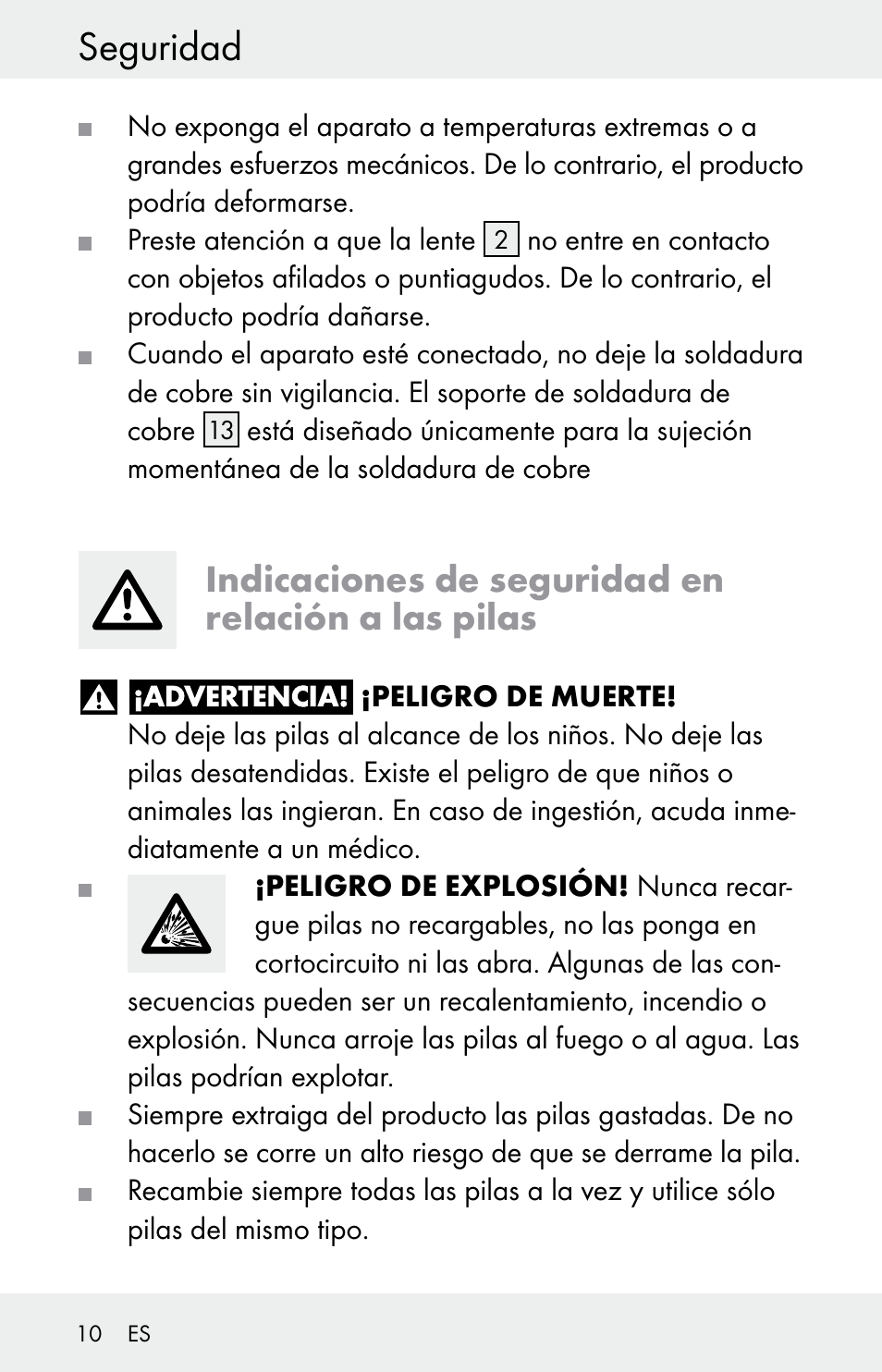 Seguridad, Indicaciones de seguridad en relación a las pilas | Powerfix Z30225 User Manual | Page 10 / 61