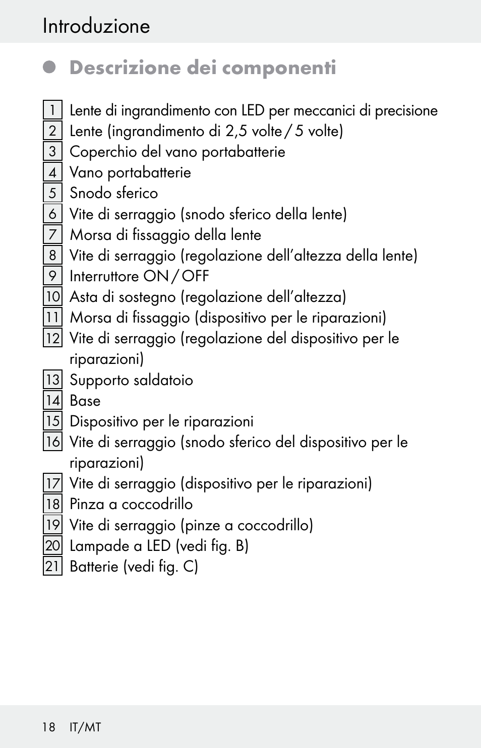 Introduzione, Descrizione dei componenti | Powerfix Z30225 User Manual | Page 18 / 61