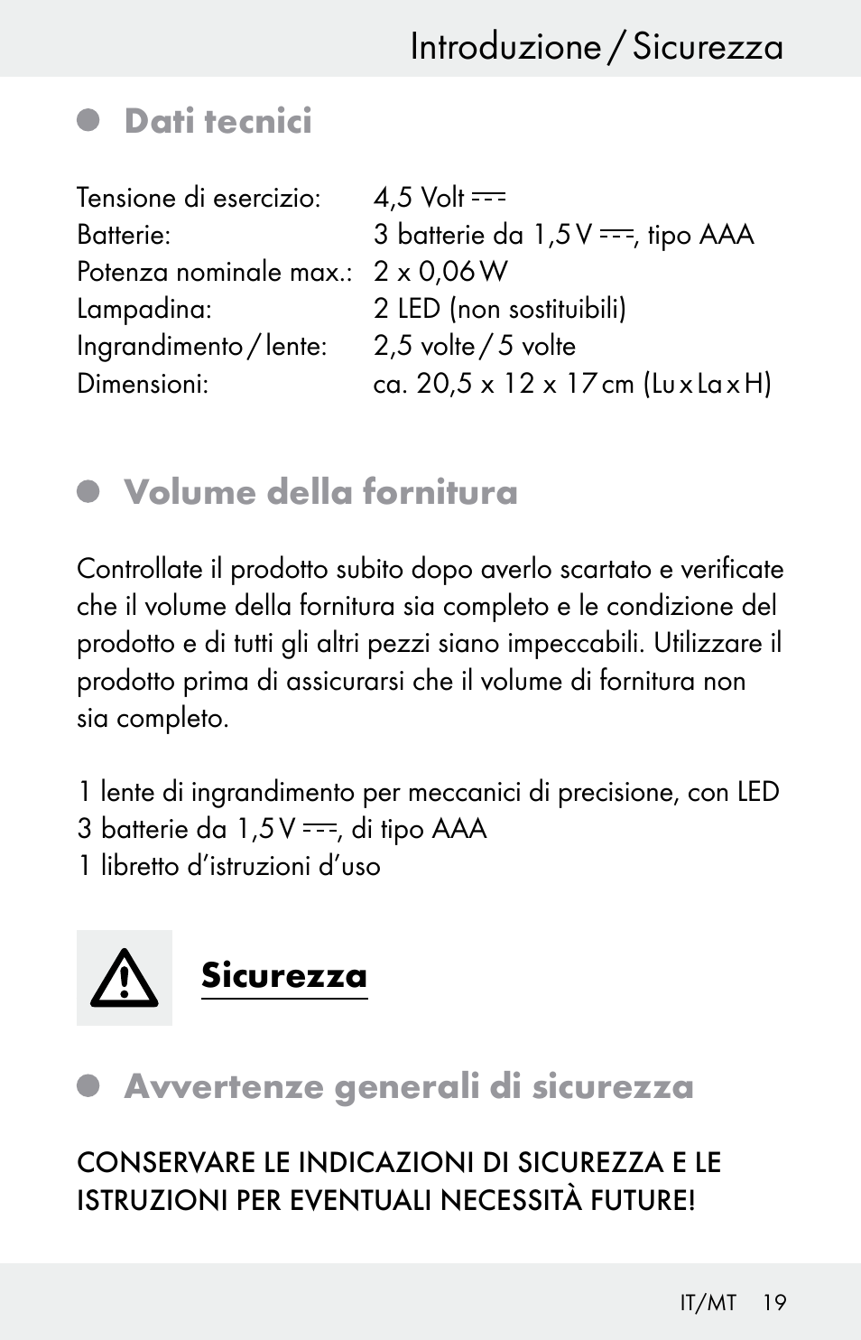 Introduzione / sicurezza, Dati tecnici, Volume della fornitura | Sicurezza, Avvertenze generali di sicurezza | Powerfix Z30225 User Manual | Page 19 / 61