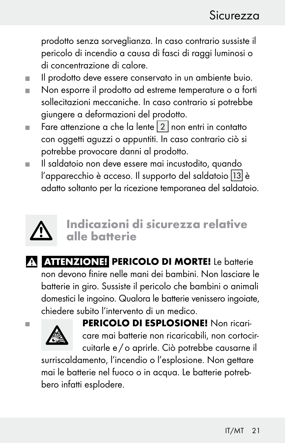 Sicurezza, Indicazioni di sicurezza relative alle batterie | Powerfix Z30225 User Manual | Page 21 / 61