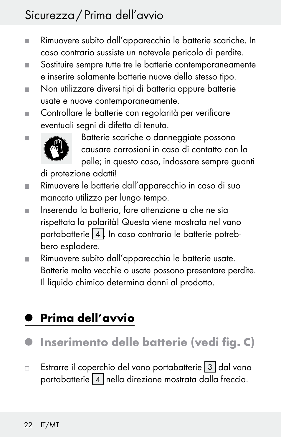 Sicurezza / prima dell’avvio, Prima dell’avvio, Inserimento delle batterie (vedi fig. c) | Powerfix Z30225 User Manual | Page 22 / 61