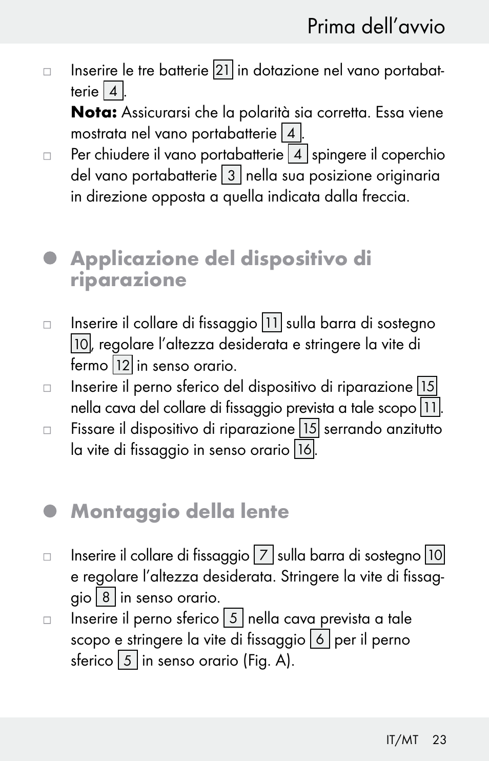 Prima dell’avvio, Applicazione del dispositivo di riparazione, Montaggio della lente | Powerfix Z30225 User Manual | Page 23 / 61