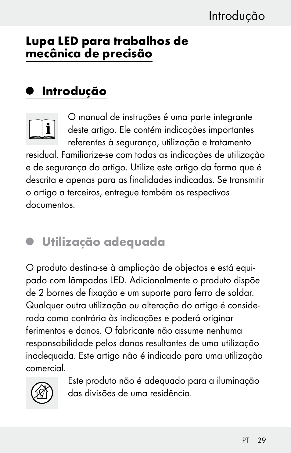 Introdução, Lupa led para trabalhos de mecânica de precisão, Utilização adequada | Powerfix Z30225 User Manual | Page 29 / 61