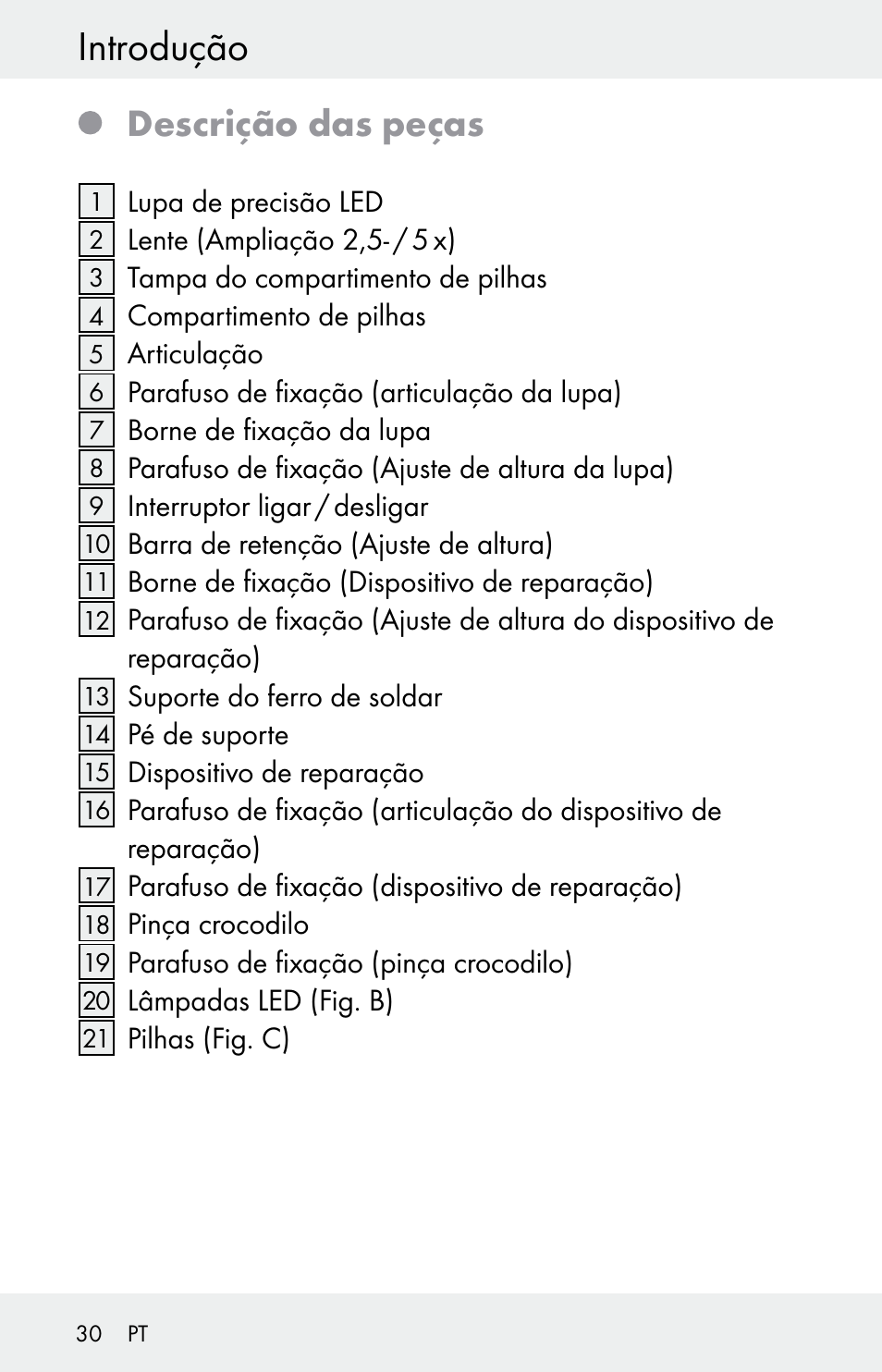 Introdução, Descrição das peças | Powerfix Z30225 User Manual | Page 30 / 61