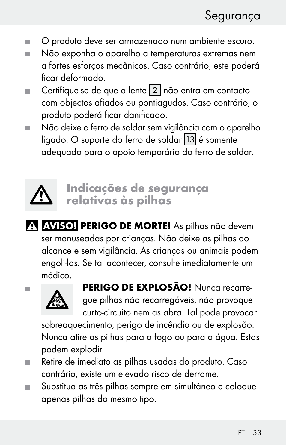 Segurança, Indicações de segurança relativas às pilhas | Powerfix Z30225 User Manual | Page 33 / 61