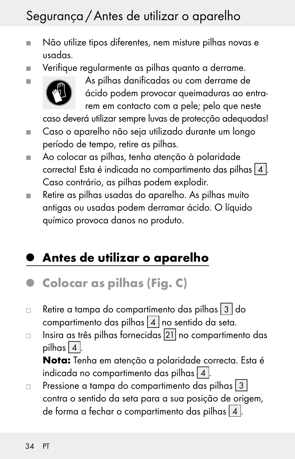 Segurança / antes de utilizar o aparelho, Antes de utilizar o aparelho, Colocar as pilhas (fig. c) | Powerfix Z30225 User Manual | Page 34 / 61