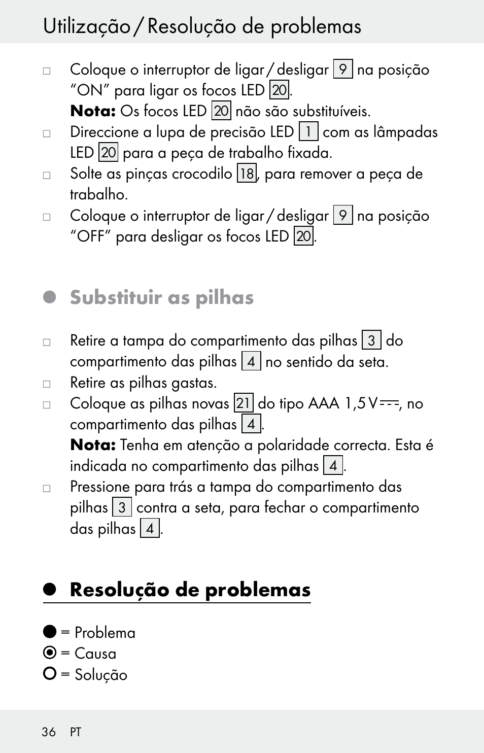 Utilização / resolução de problemas, Substituir as pilhas, Resolução de problemas | Powerfix Z30225 User Manual | Page 36 / 61