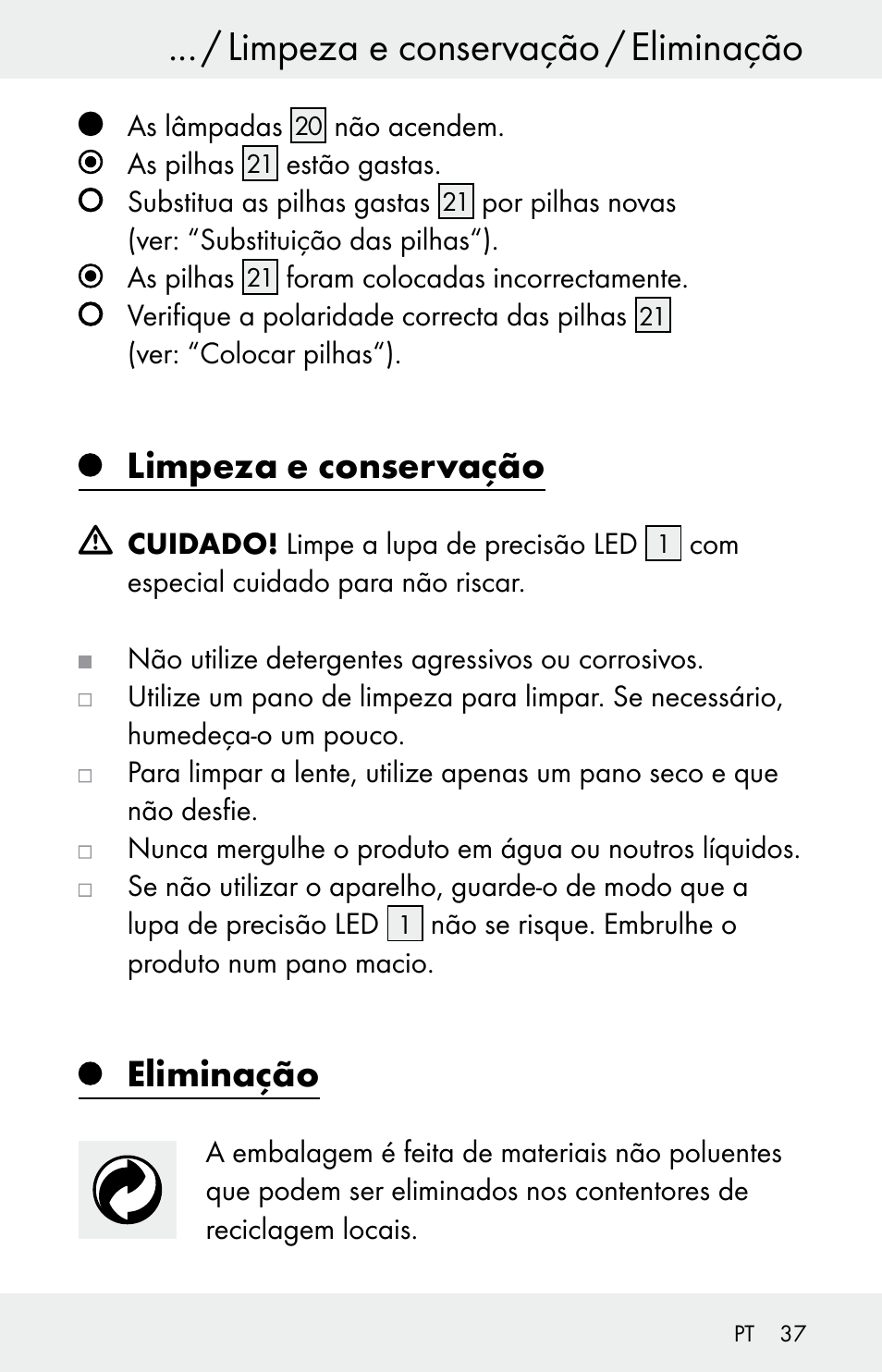 Limpeza e conservação / eliminação, Limpeza e conservação, Eliminação | Powerfix Z30225 User Manual | Page 37 / 61