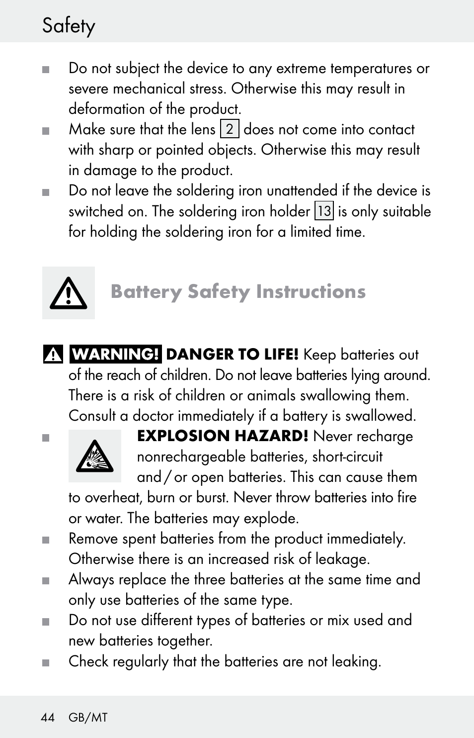 Safety, Battery safety instructions | Powerfix Z30225 User Manual | Page 44 / 61