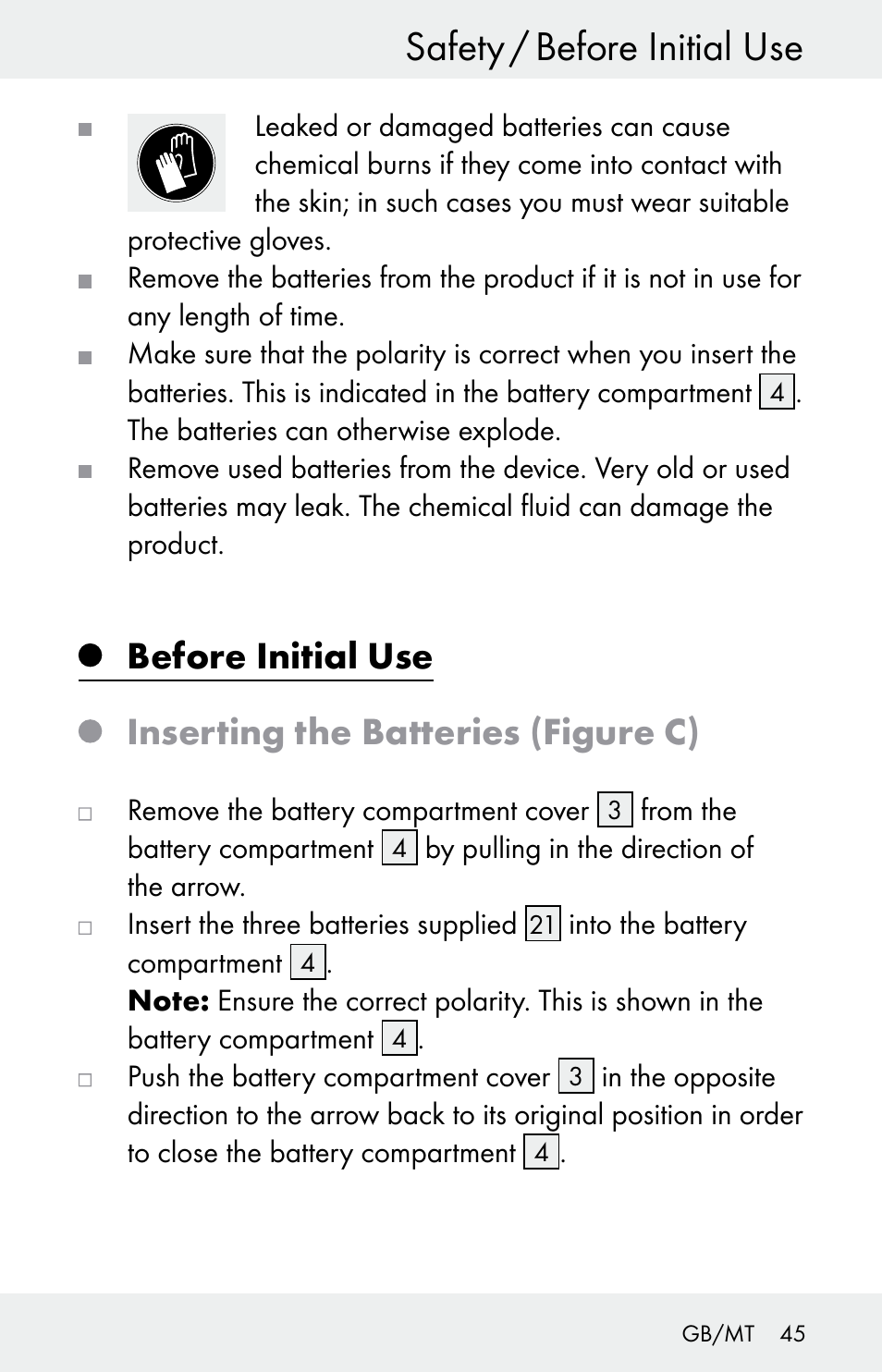 Safety / before initial use, Before initial use, Inserting the batteries (figure c) | Powerfix Z30225 User Manual | Page 45 / 61