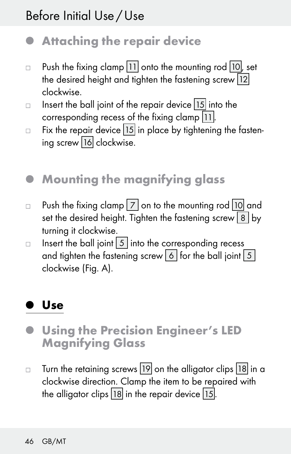 Before initial use / use, Attaching the repair device, Mounting the magnifying glass | Powerfix Z30225 User Manual | Page 46 / 61