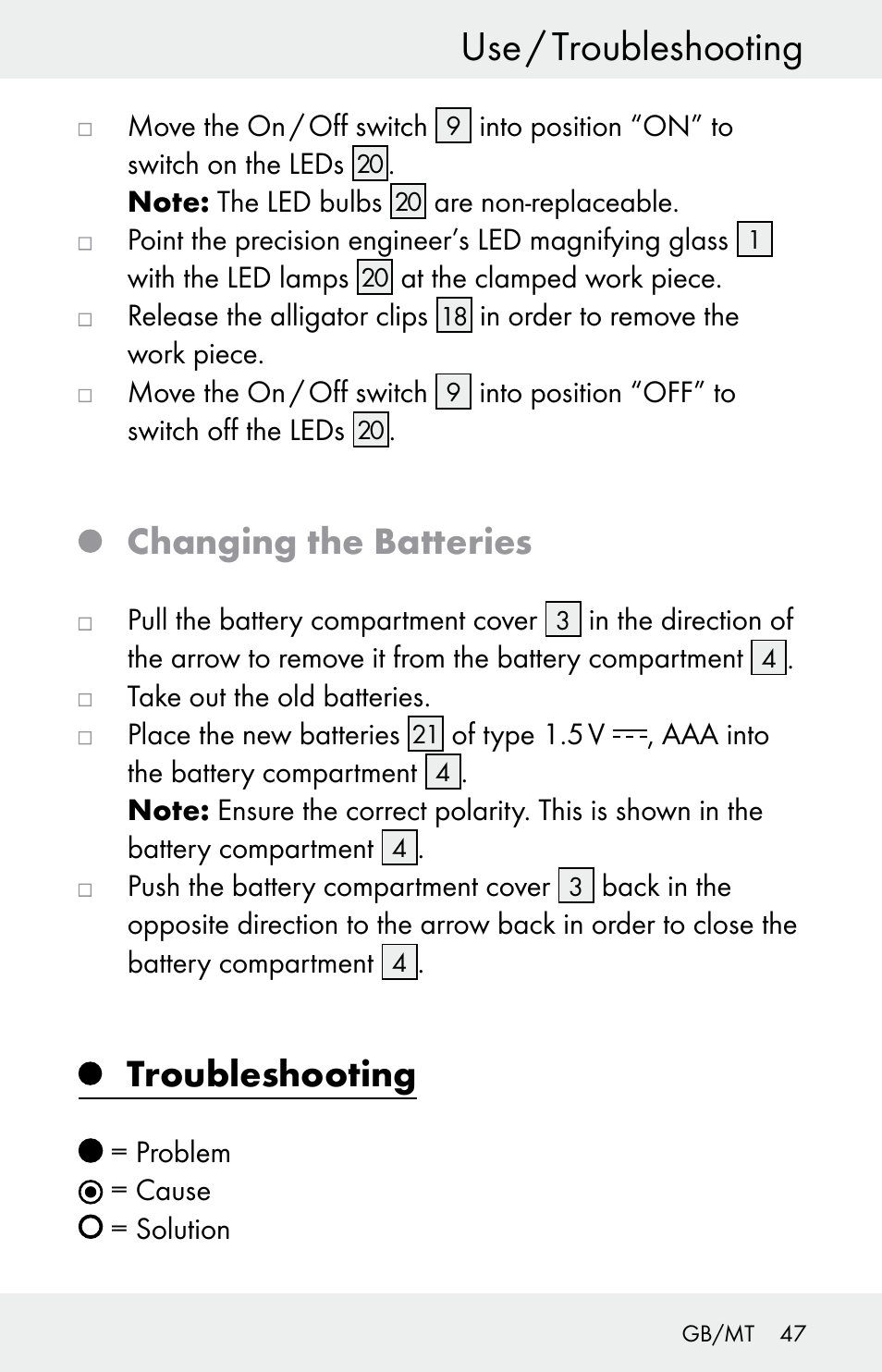 Use / troubleshooting, Changing the batteries, Troubleshooting | Powerfix Z30225 User Manual | Page 47 / 61