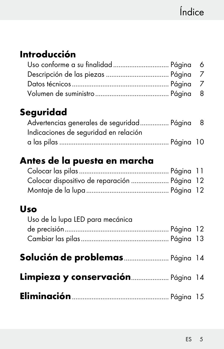 Índice, Introducción, Seguridad | Antes de la puesta en marcha, Solución de problemas, Limpieza y conservación, Eliminación | Powerfix Z30225 User Manual | Page 5 / 61