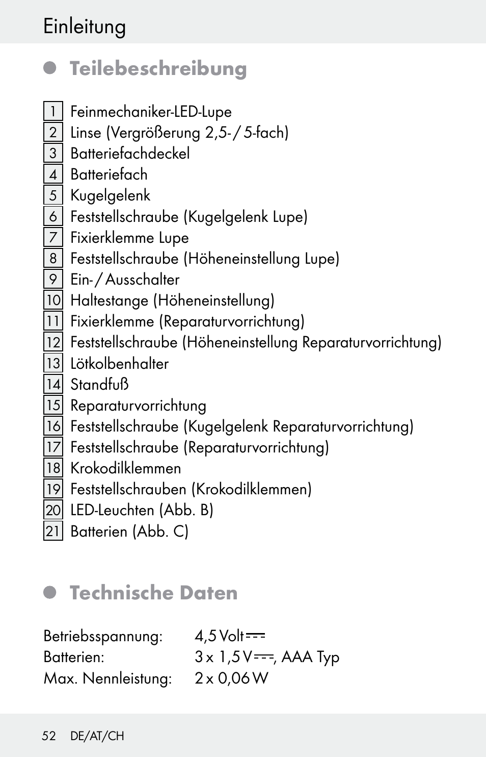 Einleitung, Teilebeschreibung, Technische daten | Powerfix Z30225 User Manual | Page 52 / 61