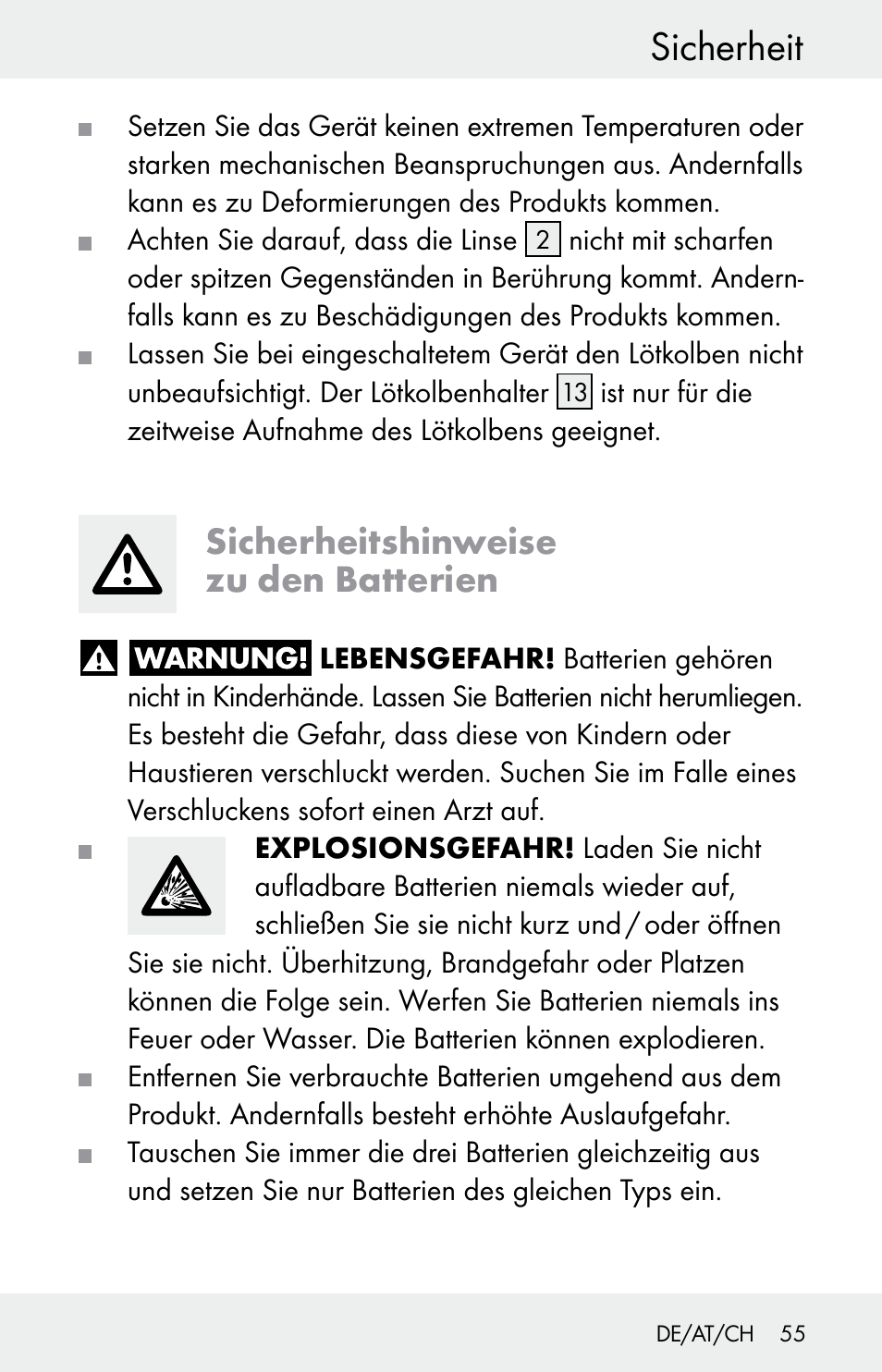 Sicherheit, Sicherheitshinweise zu den batterien | Powerfix Z30225 User Manual | Page 55 / 61