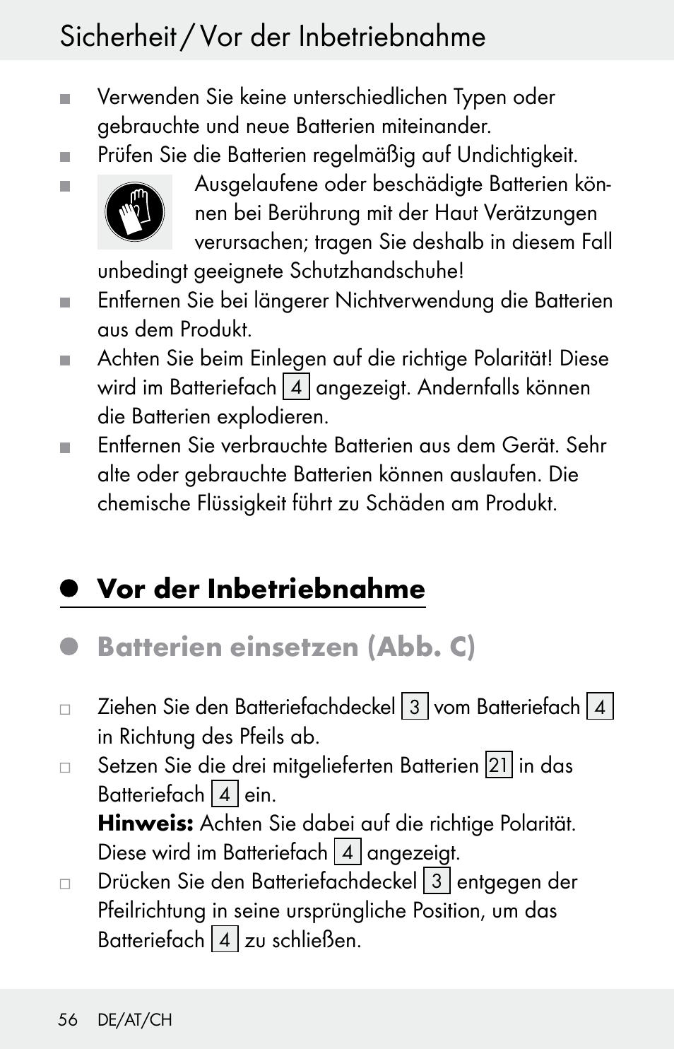 Sicherheit / vor der inbetriebnahme, Vor der inbetriebnahme, Batterien einsetzen (abb. c) | Powerfix Z30225 User Manual | Page 56 / 61