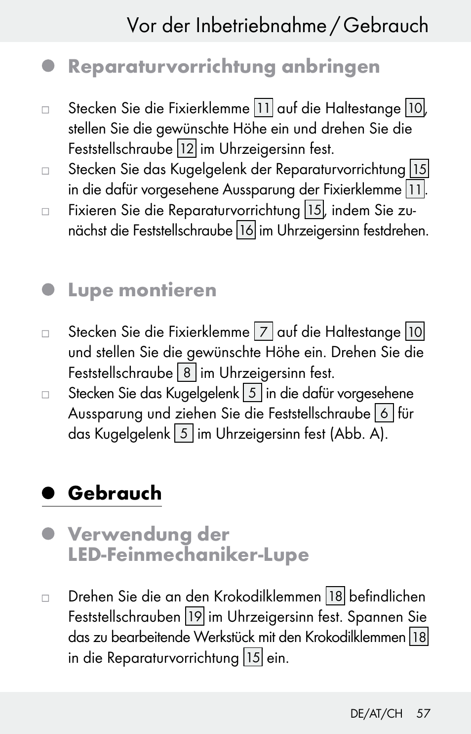 Vor der inbetriebnahme / gebrauch, Reparaturvorrichtung anbringen, Lupe montieren | Gebrauch, Verwendung der led-feinmechaniker-lupe | Powerfix Z30225 User Manual | Page 57 / 61