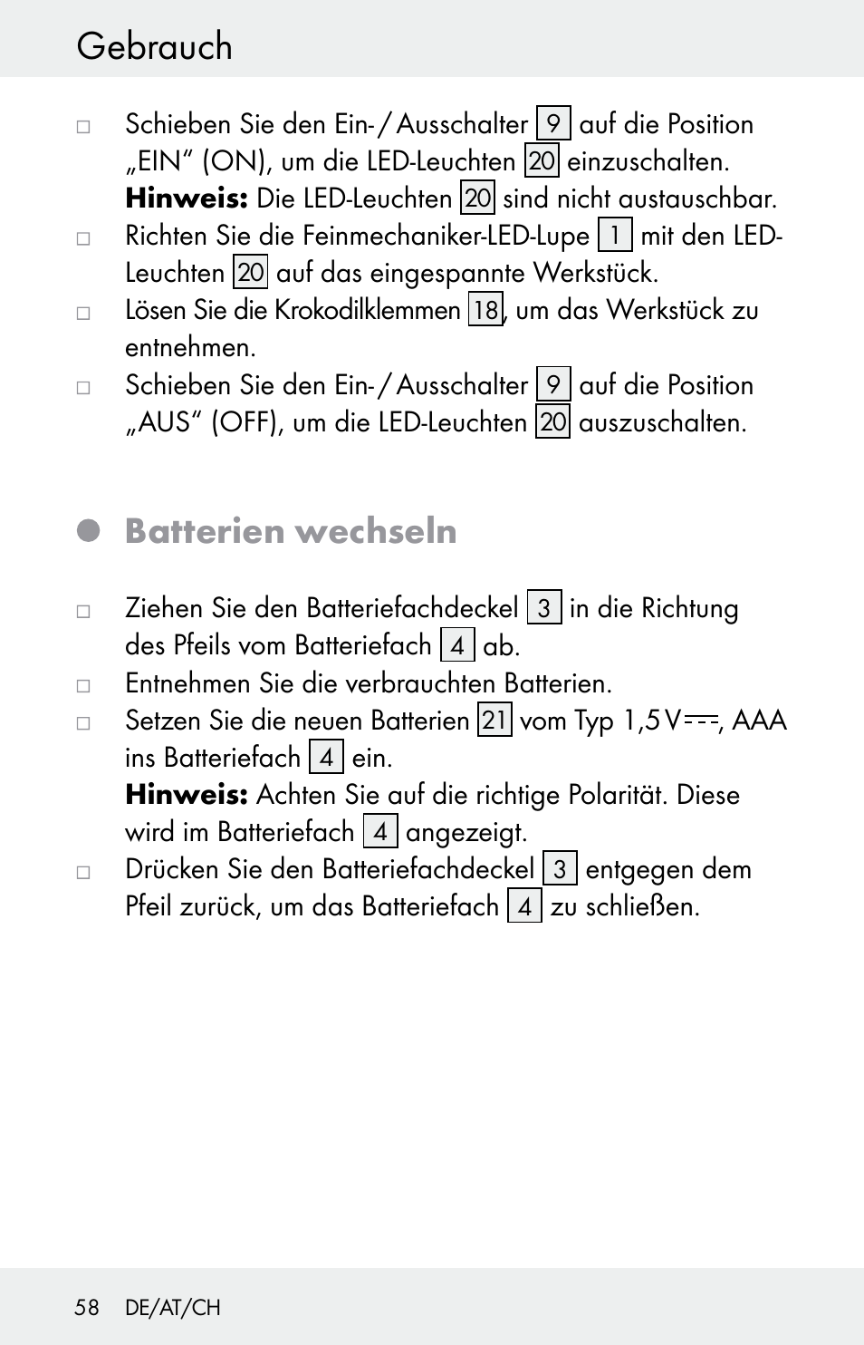 Gebrauch, Batterien wechseln | Powerfix Z30225 User Manual | Page 58 / 61