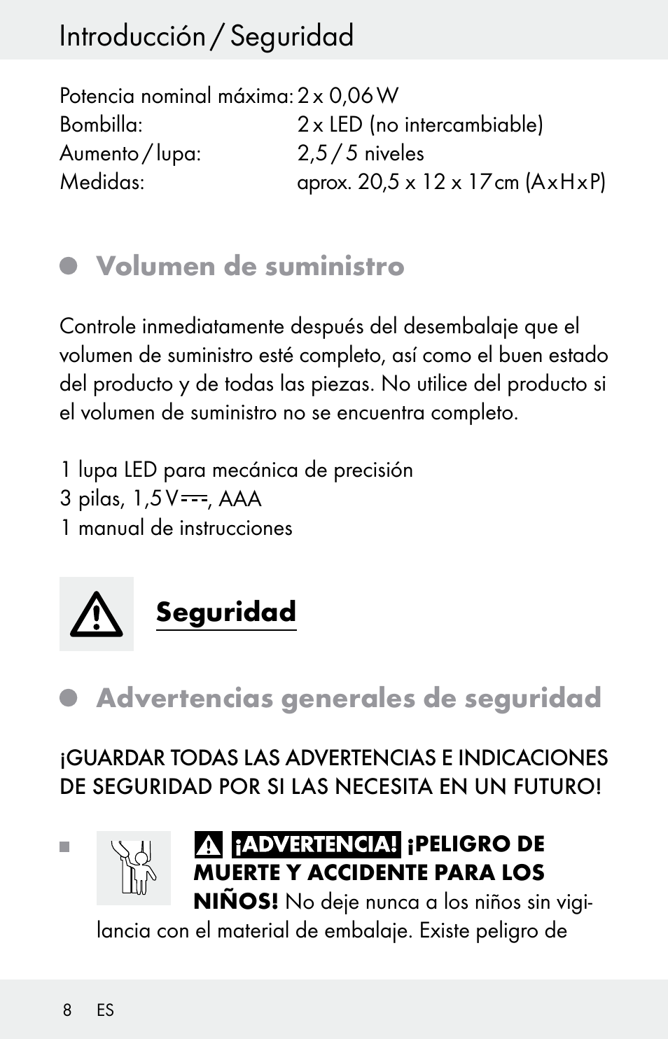 Introducción / seguridad, Volumen de suministro, Seguridad | Advertencias generales de seguridad | Powerfix Z30225 User Manual | Page 8 / 61