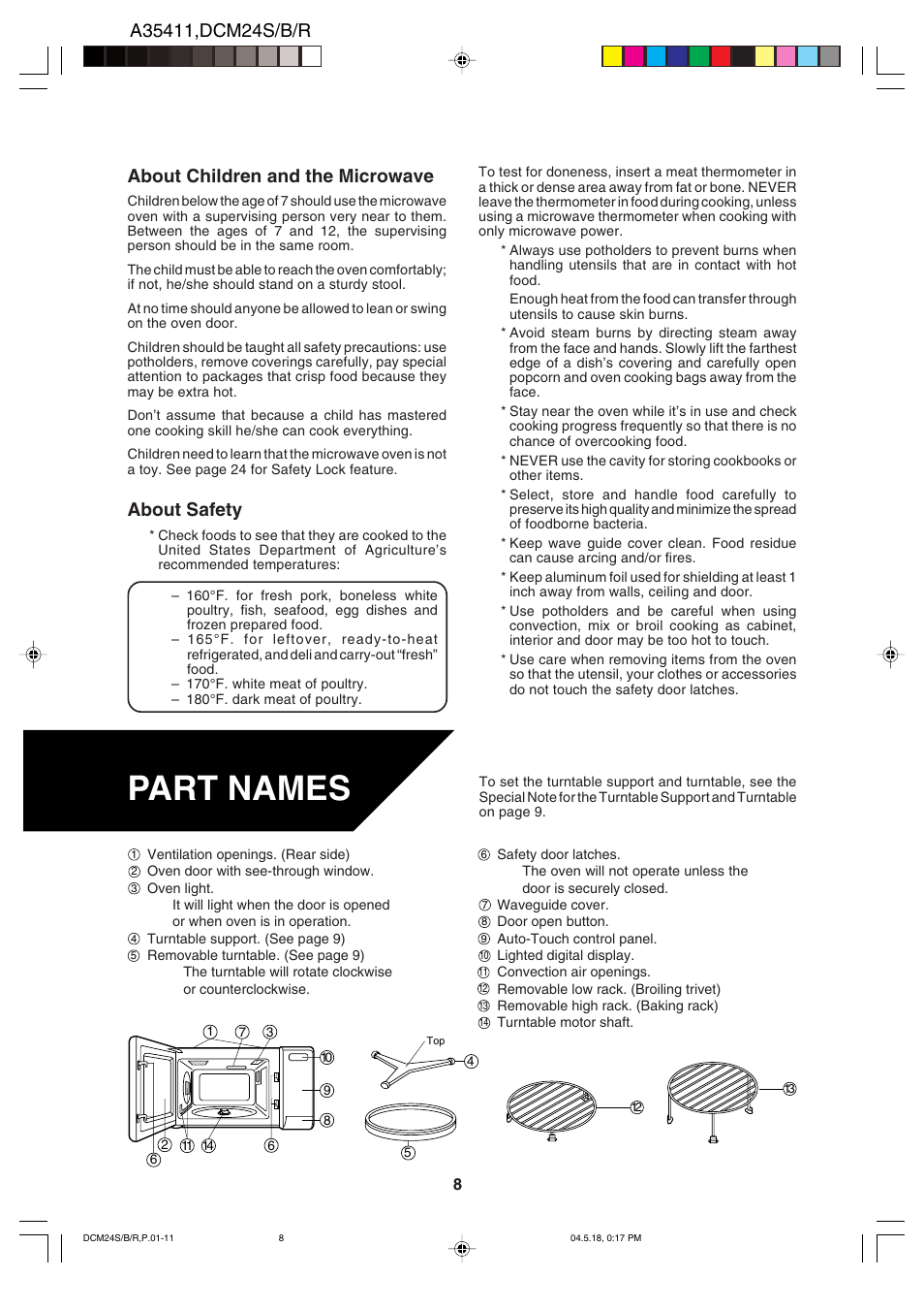 Part names, About safety | Dacor DCM24 User Manual | Page 10 / 32