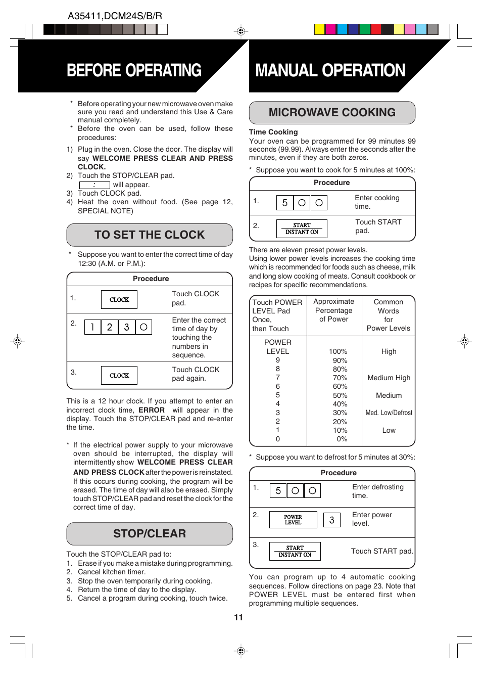 Manual operation, Before operating, Stop/clear | Microwave cooking | Dacor DCM24 User Manual | Page 13 / 32