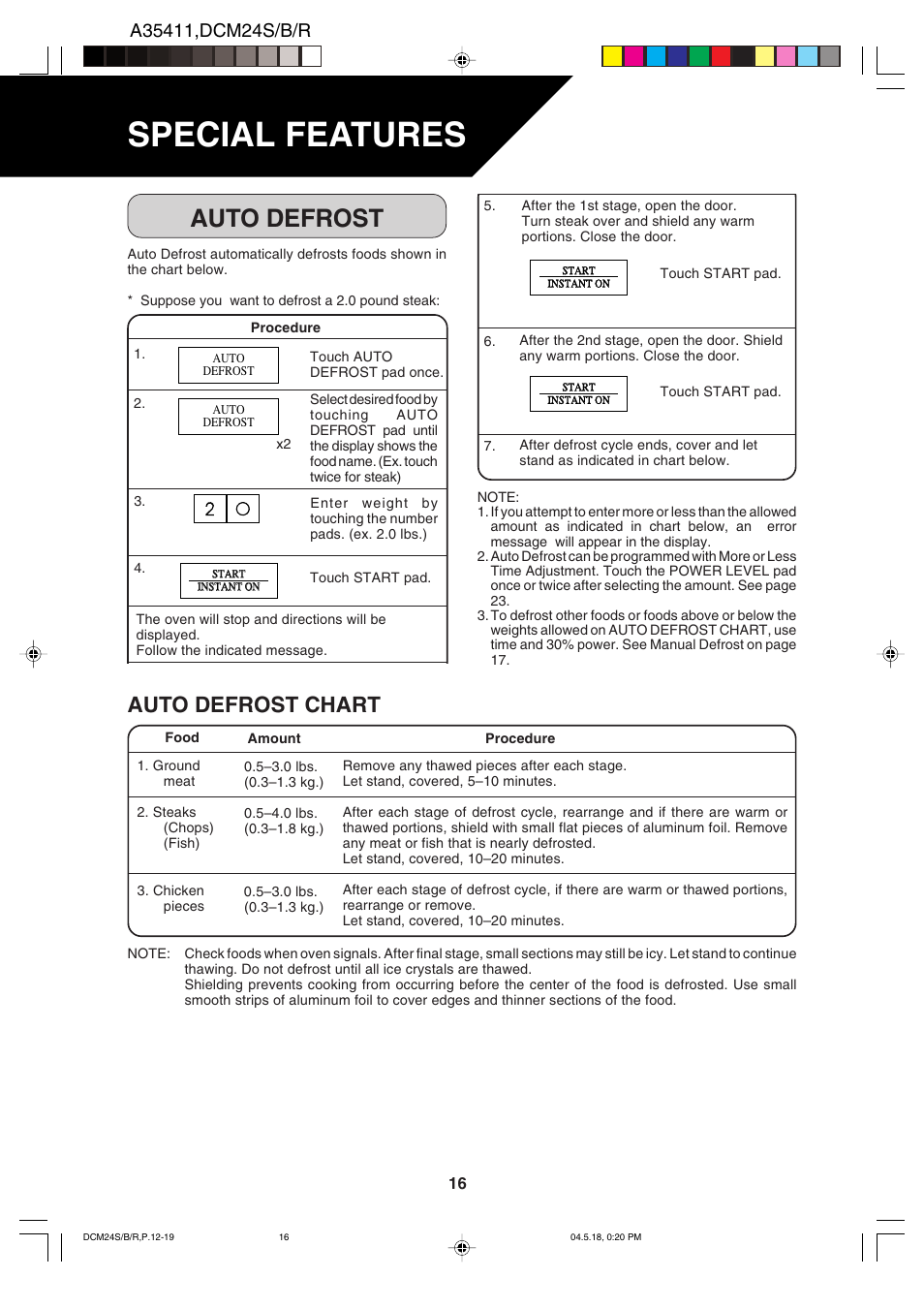 Special features, Auto defrost, Auto defrost chart | Dacor DCM24 User Manual | Page 18 / 32