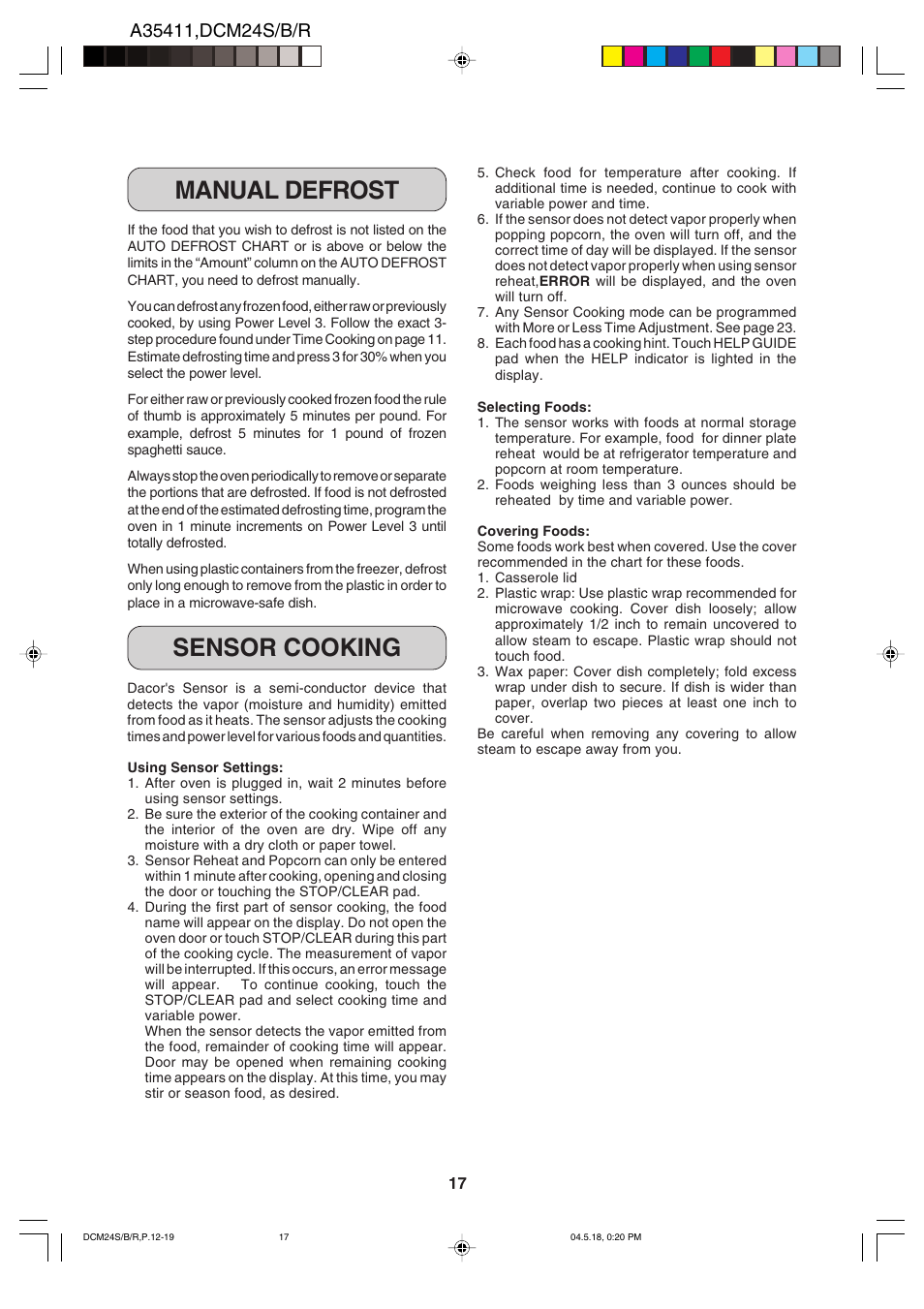 Sensor cooking manual defrost | Dacor DCM24 User Manual | Page 19 / 32