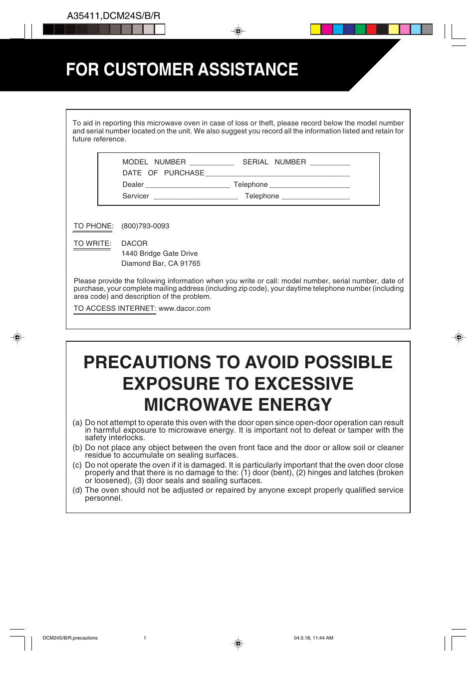 For customer assistance | Dacor DCM24 User Manual | Page 2 / 32