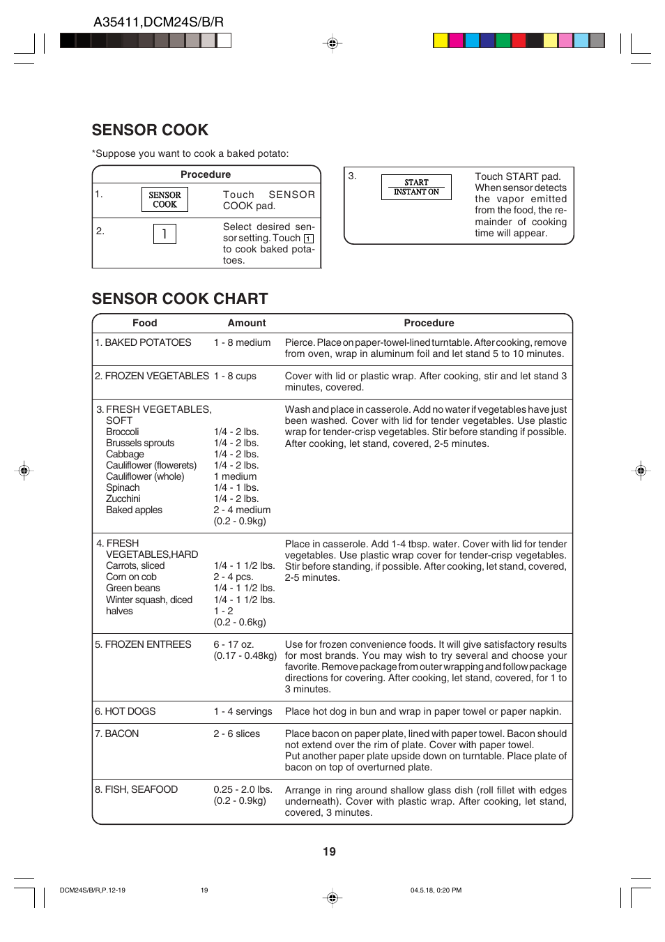Sensor cook, Sensor cook chart | Dacor DCM24 User Manual | Page 21 / 32