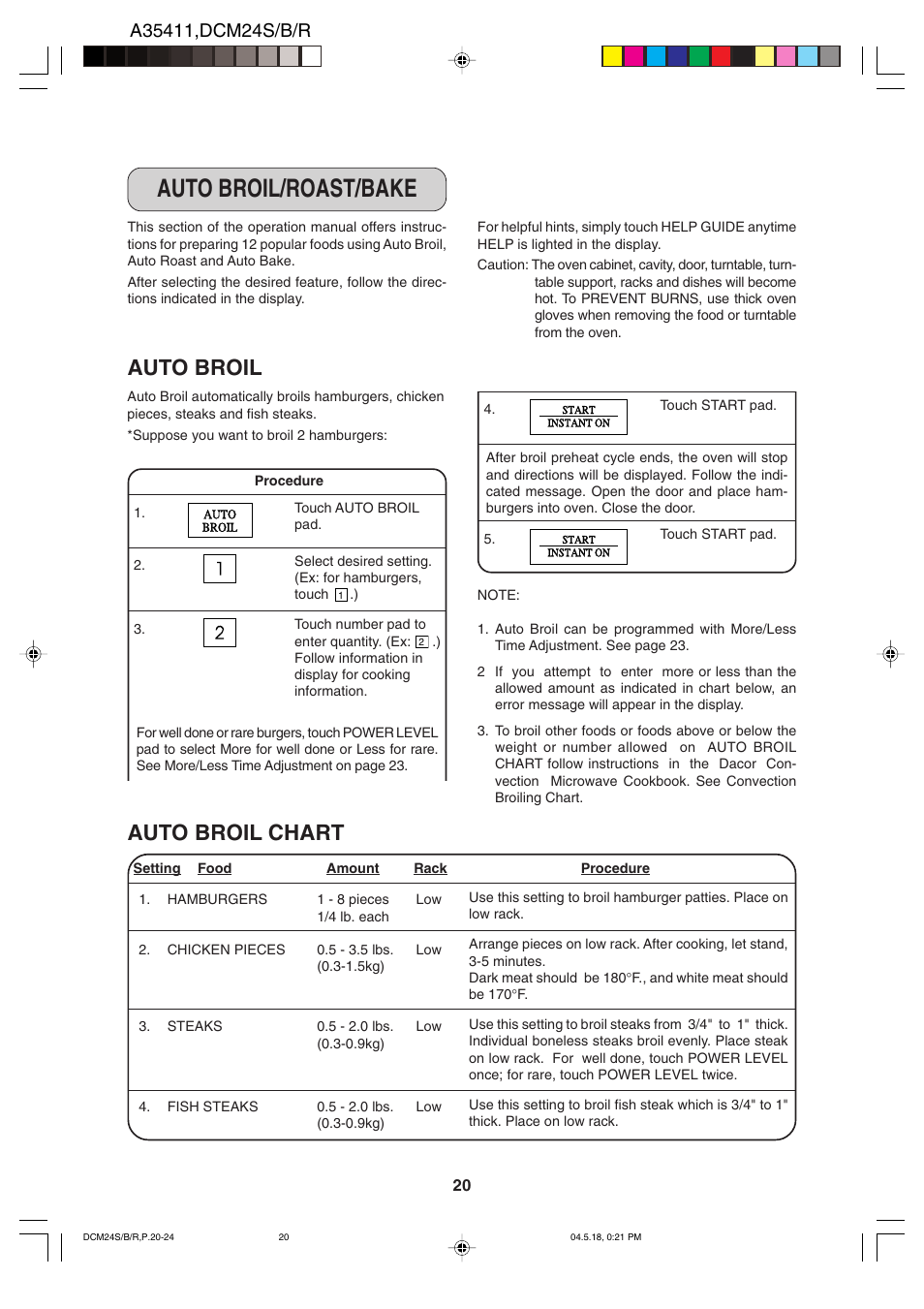 Auto broil/roast/bake, Auto broil chart, Auto broil | Dacor DCM24 User Manual | Page 22 / 32