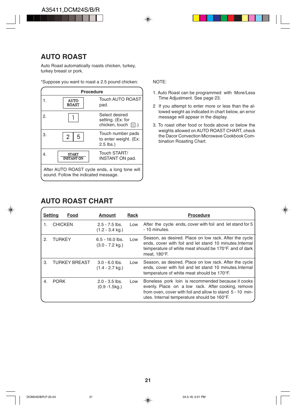 Auto roast, Auto roast chart | Dacor DCM24 User Manual | Page 23 / 32