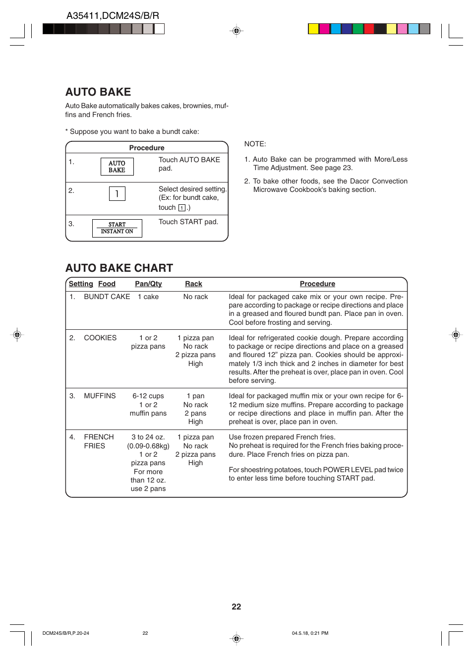 Auto bake, Auto bake chart | Dacor DCM24 User Manual | Page 24 / 32