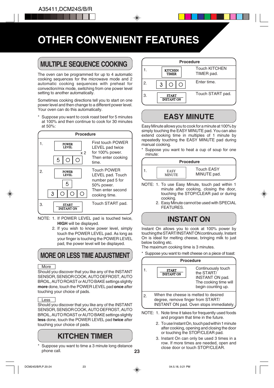 Other convenient features, Easy minute, Instant on | Multiple sequence cooking, More or less time adjustment, Kitchen timer | Dacor DCM24 User Manual | Page 25 / 32