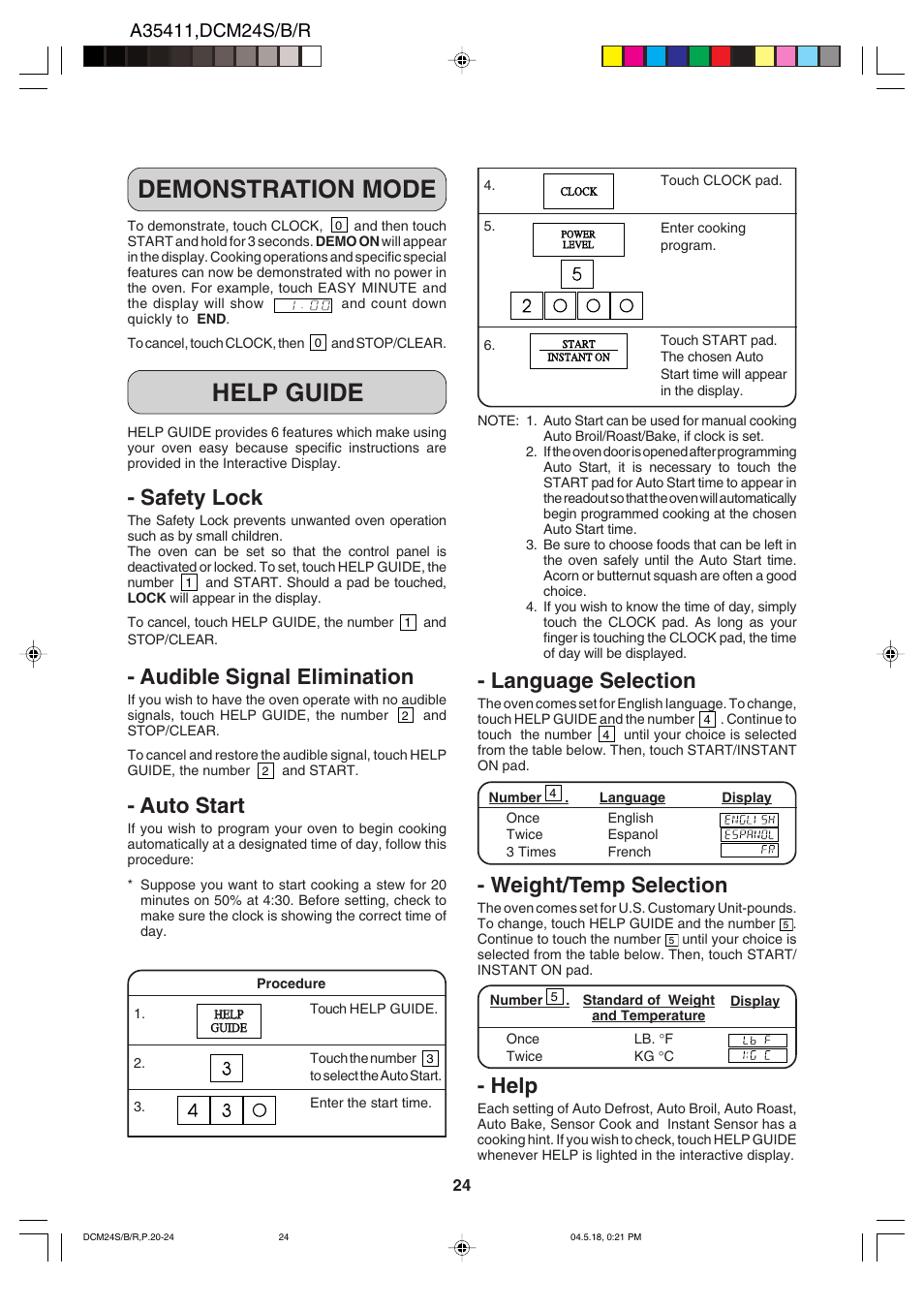 Demonstration mode help guide, Safety lock, Audible signal elimination | Auto start, Language selection, Weight/temp selection, Help | Dacor DCM24 User Manual | Page 26 / 32