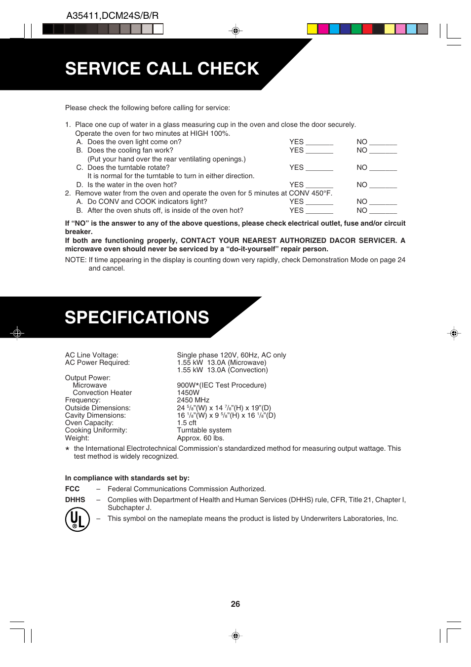 Service call check, Specifications | Dacor DCM24 User Manual | Page 28 / 32