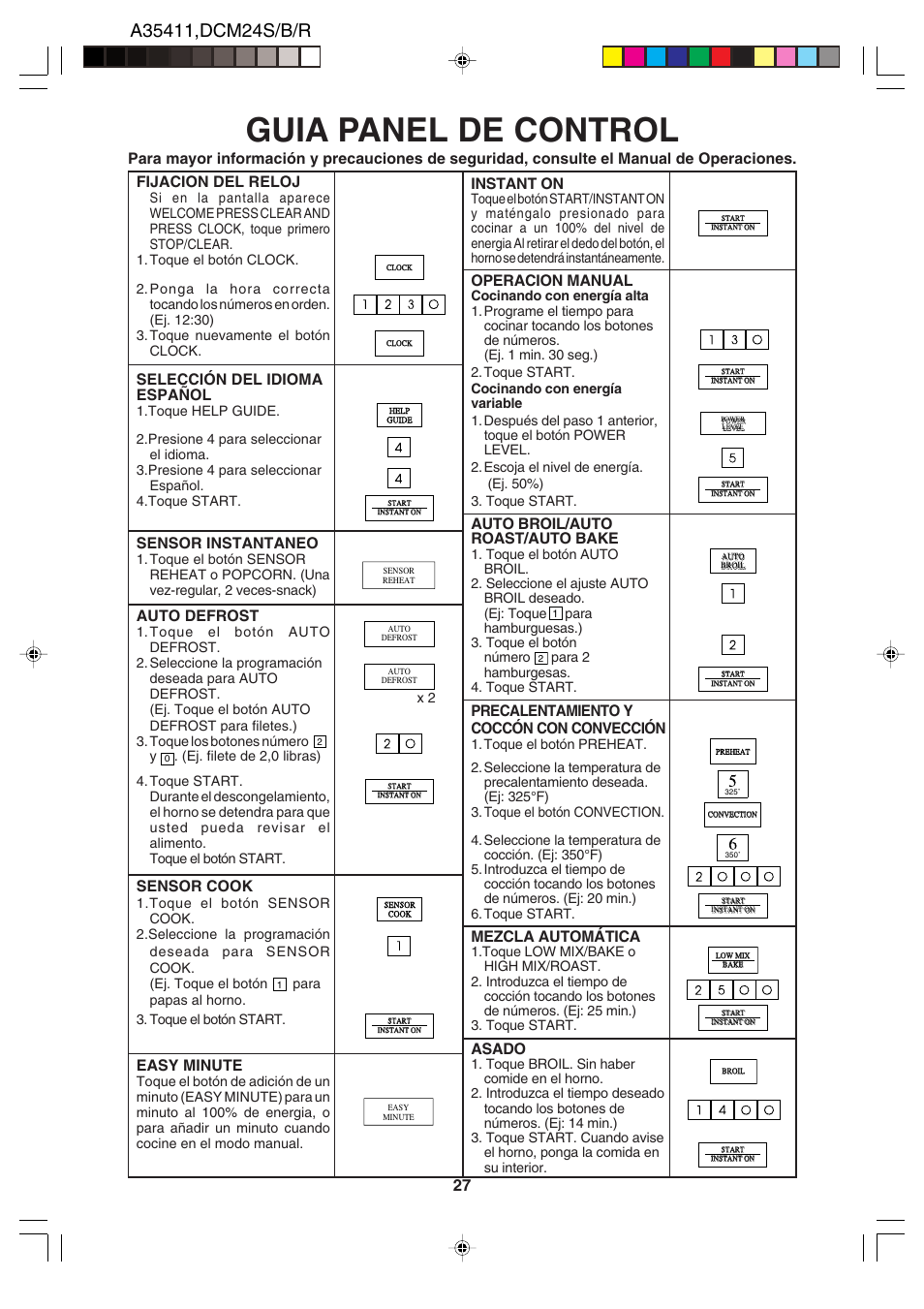 Guia panel de control, Fijacion del reloj, Selección del idioma español | Sensor instantaneo, Auto defrost, Sensor cook, Easy minute, Instant on, Operacion manual, Auto broil/auto roast/auto bake | Dacor DCM24 User Manual | Page 29 / 32