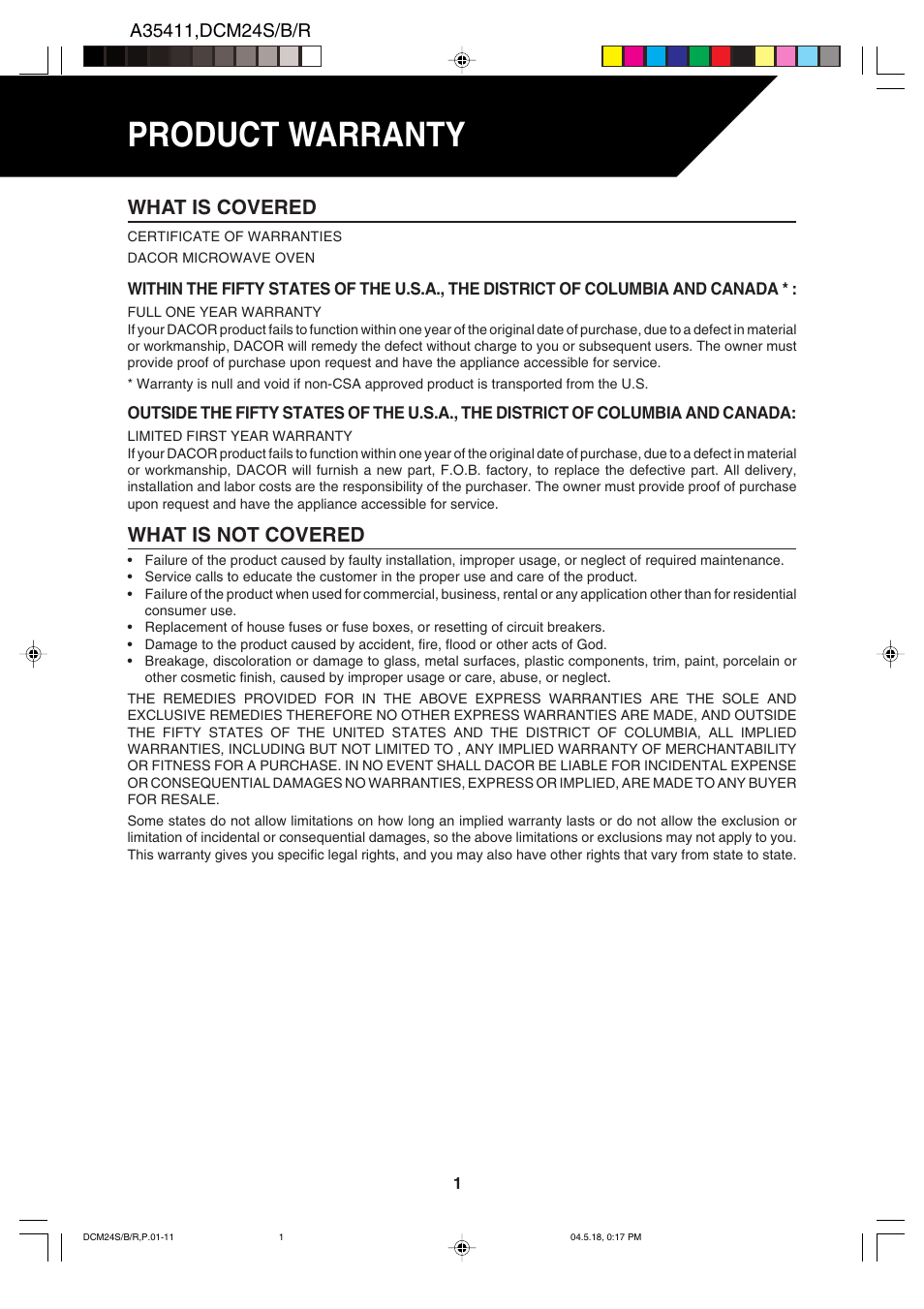Product warranty, What is covered, What is not covered | Dacor DCM24 User Manual | Page 3 / 32
