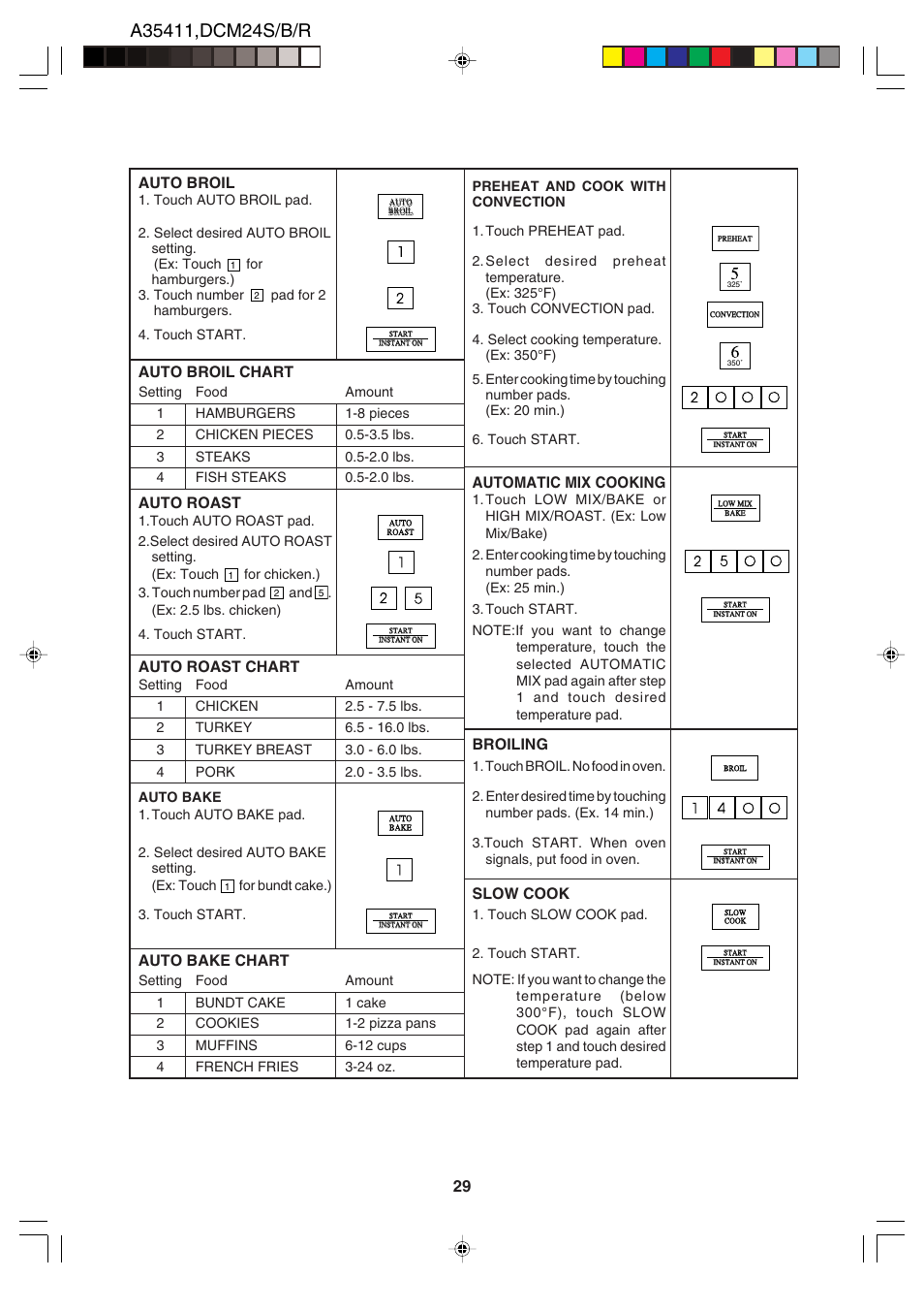 Auto broil, Auto broil chart, Auto roast | Auto roast chart, Auto bake chart, Automatic mix cooking, Broiling, Slow cook | Dacor DCM24 User Manual | Page 31 / 32