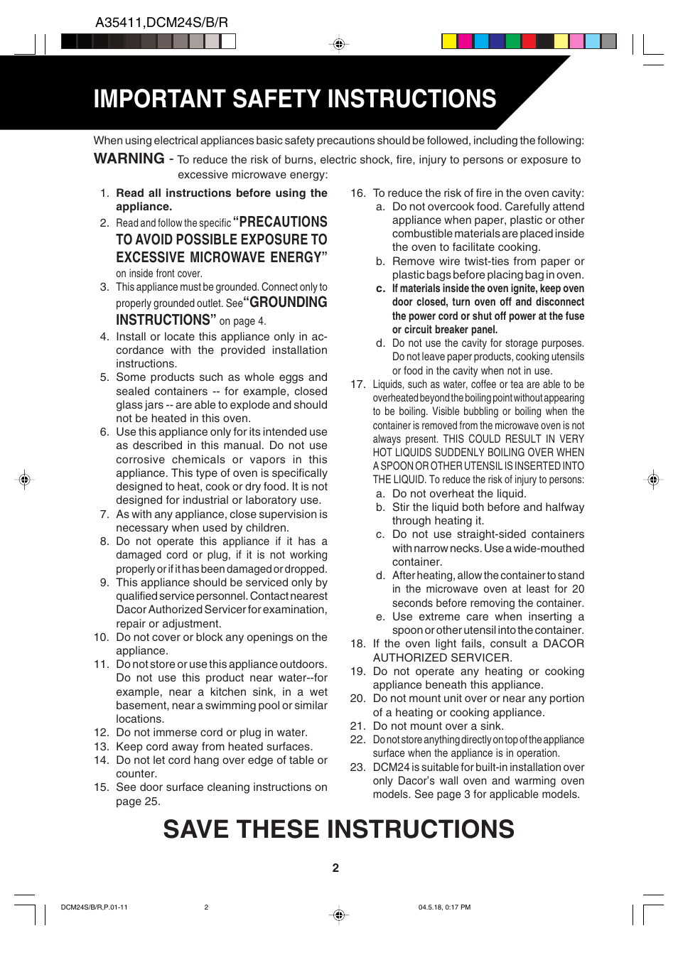 Important safety instructions, Save these instructions | Dacor DCM24 User Manual | Page 4 / 32