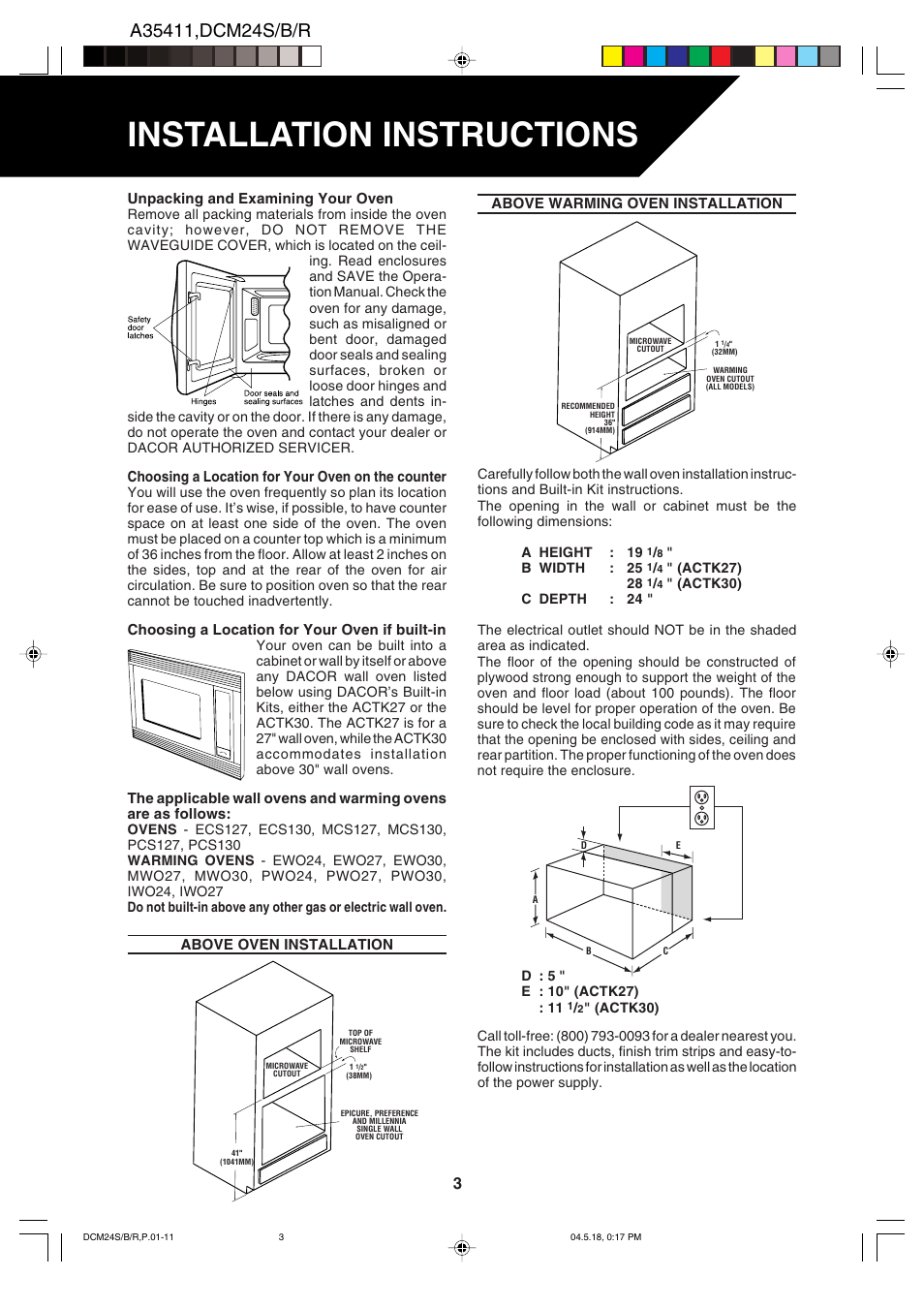 Installation instructions, Unpacking and examining your oven, Choosing a location for your oven on the counter | Choosing a location for your oven if built-in, Above warming oven installation, Above oven installation | Dacor DCM24 User Manual | Page 5 / 32