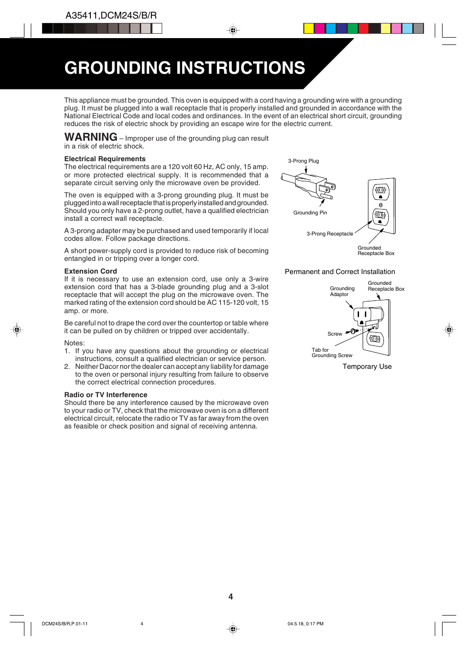 Grounding instructions, Warning | Dacor DCM24 User Manual | Page 6 / 32