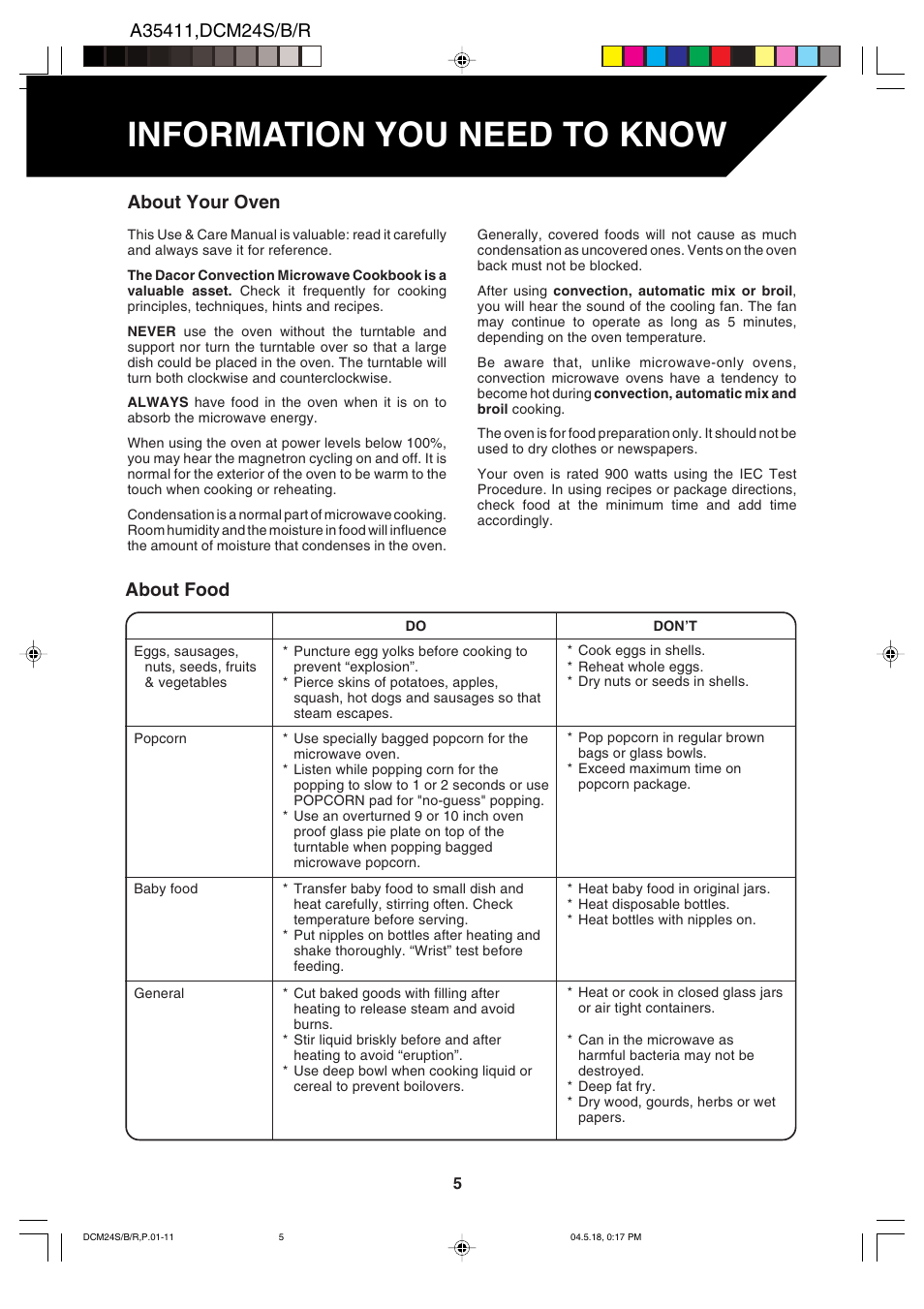 Information you need to know, About your oven, About food | Dacor DCM24 User Manual | Page 7 / 32