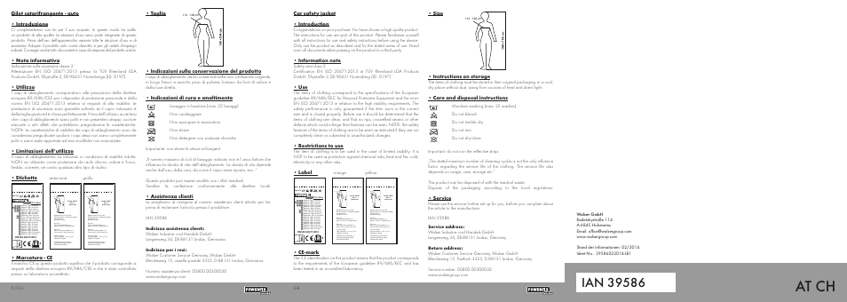 At ch, Gilet catarifrangente - auto • introduzione, Nota informativa | Utilizzo, Limitazioni dell‘utilizzo, Etichette, Marcatura - ce, Indicazioni di cura e smaltimento, Assistenza clienti, Car safety jacket • introduction | Powerfix HIGH VISIBILITY VEST User Manual | Page 2 / 2