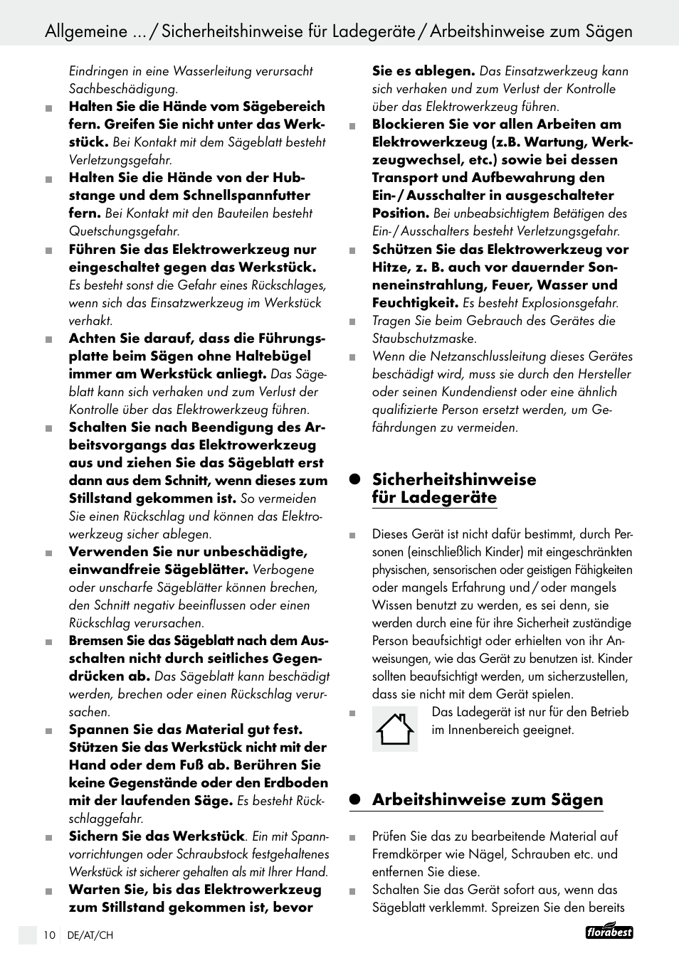 Sicherheitshinweise für ladegeräte, Arbeitshinweise zum sägen | Powerfix FAAS 10.8 A1 User Manual | Page 10 / 44