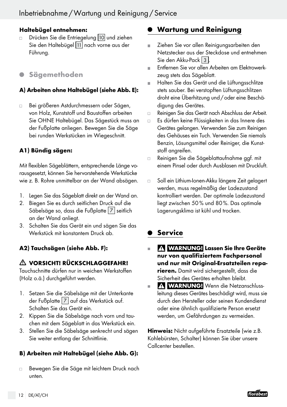 Sägemethoden, Wartung und reinigung, Service | Powerfix FAAS 10.8 A1 User Manual | Page 12 / 44